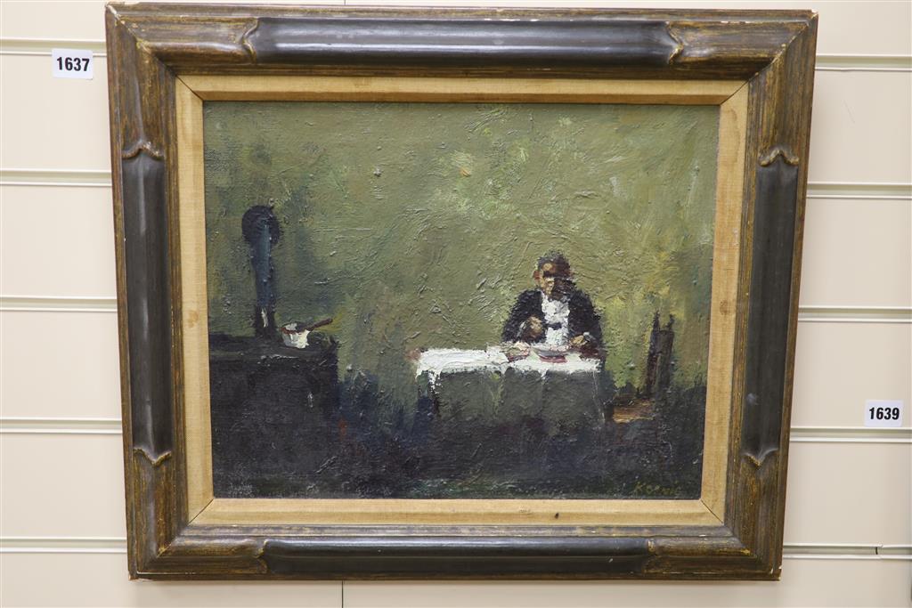 Joseph Koenig, oil on canvas, Kitchen interior with diner seated at a table, signed, 31 x 39cm